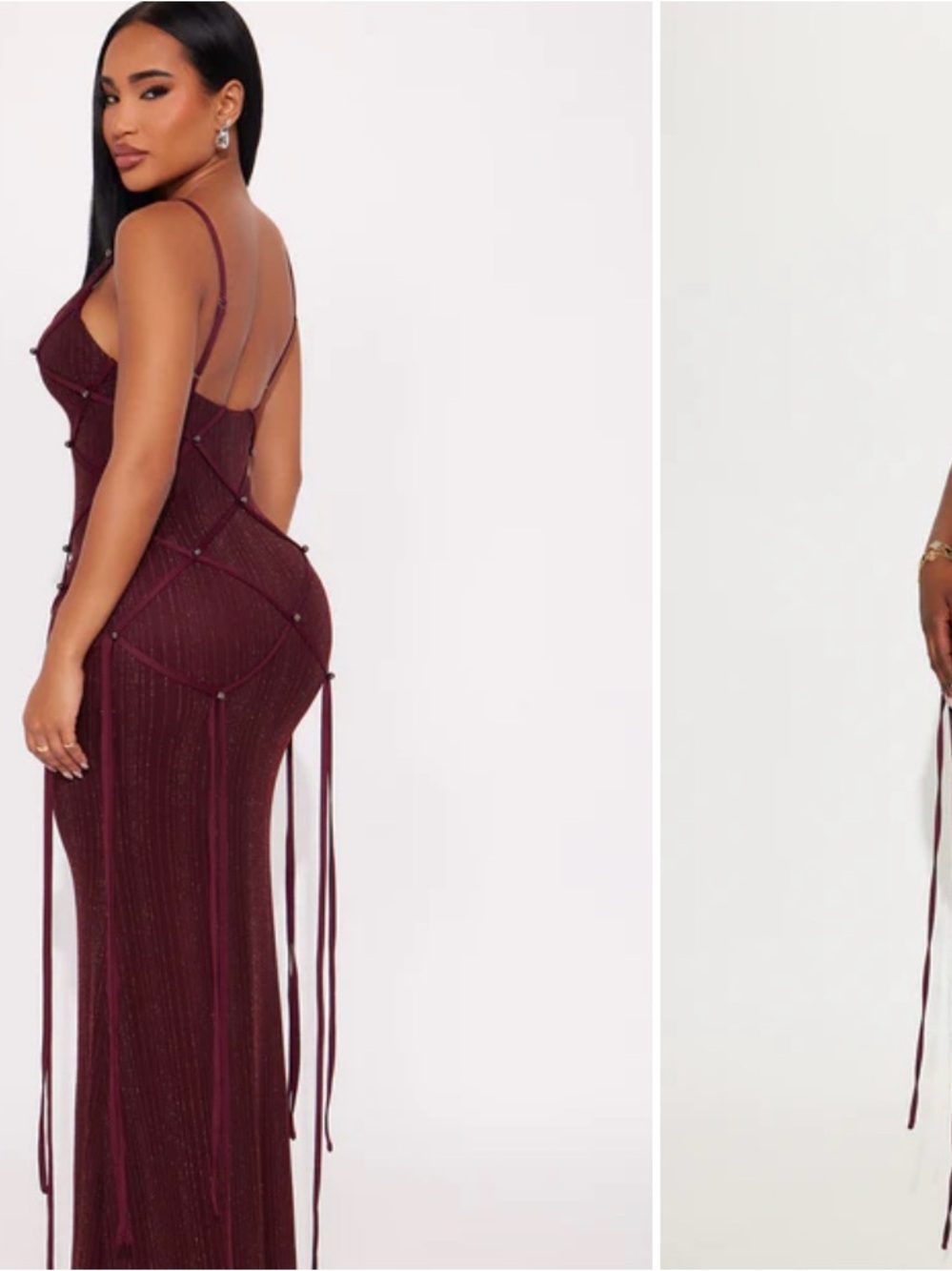Fashion Nova Burgundy Shimmer Maxi Dress with Strappy Accents
